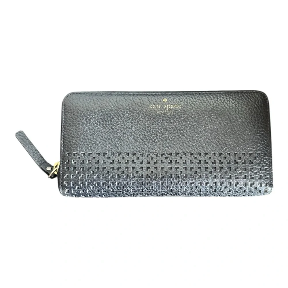 Kate Spade Black Pebbled Leather Laser Cut Continental Wallet‎